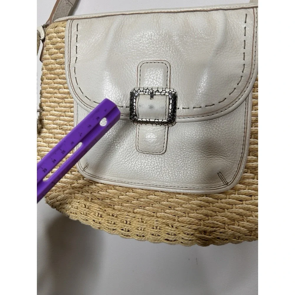 Brighton Woven Straw & Ivory Leather Shoulder Bag Buckle Accent Heart Charm